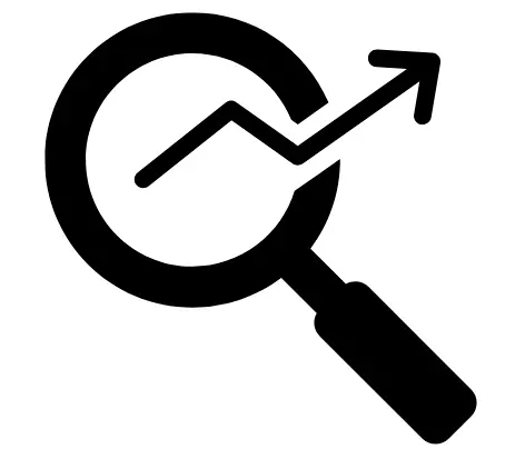 Icon image of a magnifying glass with an arrow chart graphic trending upward.