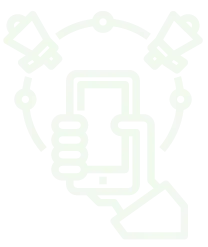Icon image of a hand holding a phone with a megaphone around the phone.