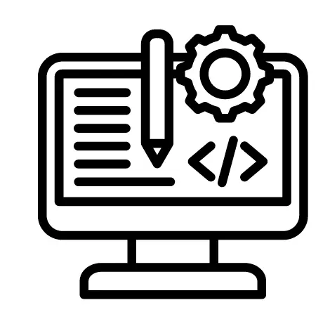 Icon image of a desktop with code, a pencil, and a gear icon.
