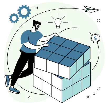 Graphic image of a person working on a Rubik's cube with a lightbulb, gears, paper airplane, and dollar sign.